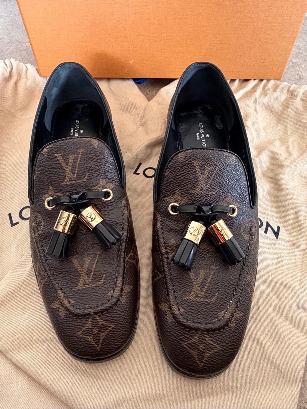 Louis Vuitton Brown Monogram Tassel Loafers with Gold Accents